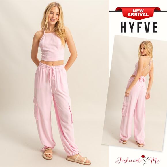 HYFVE Pants - HYFVE Halter Neckline Cropped Top & Cargo Pockets Drawstring Pants Set | Lt Pink